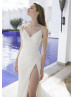 Beaded Ivory Ruched Satin High Slit Sexy Wedding Dress